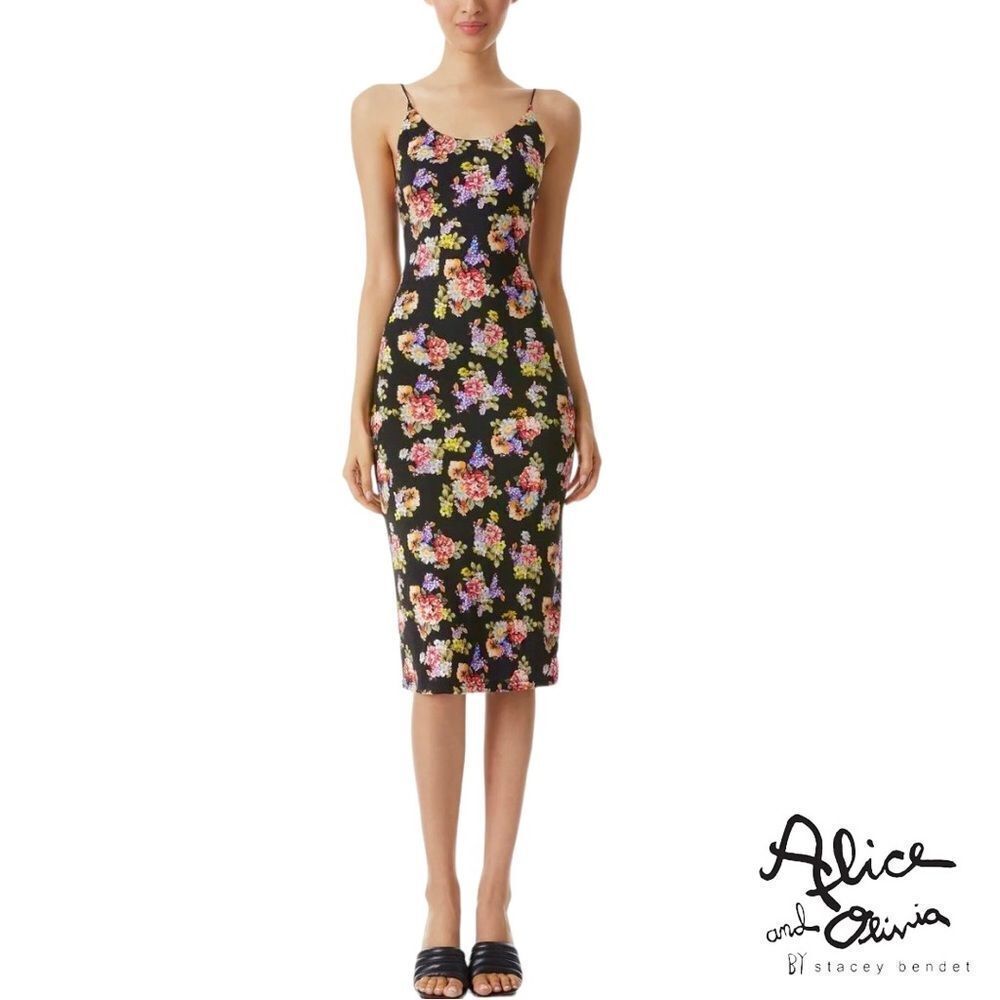 alice + olivia **NWT** Delora Black Magnolia Floral Print Fitted Midi D… - Picture 2 of 13